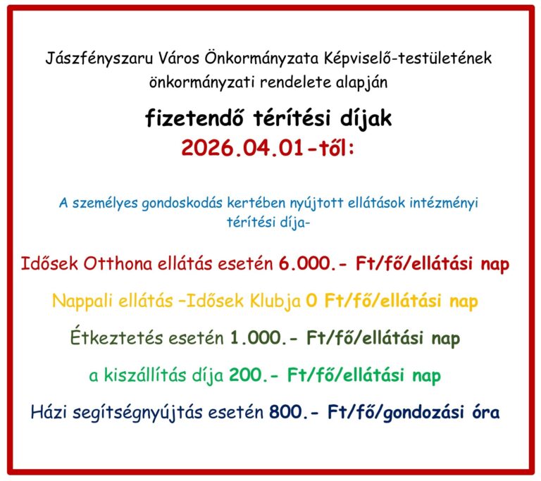 Figyelem! Térítési díj változás!