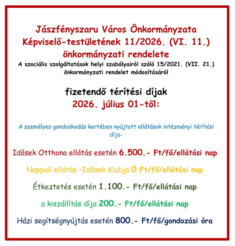 Figyelem! Térítési díj változás!